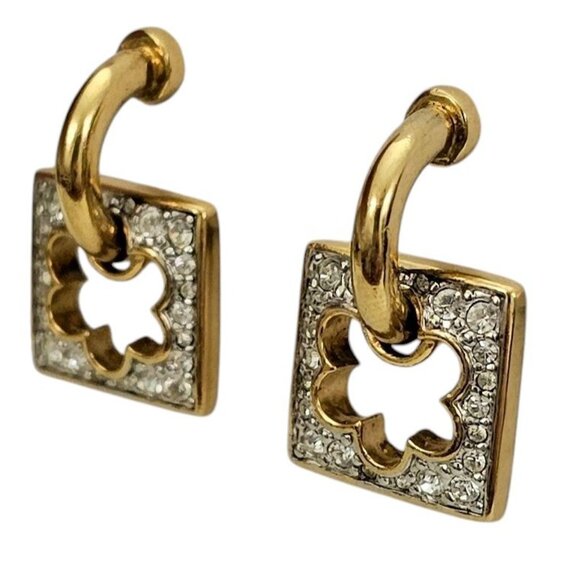 Swarovski Clear Rhinestone Square Flower Shape Dangle Clip Earrings, Signed L805 - Picture 3 of 9